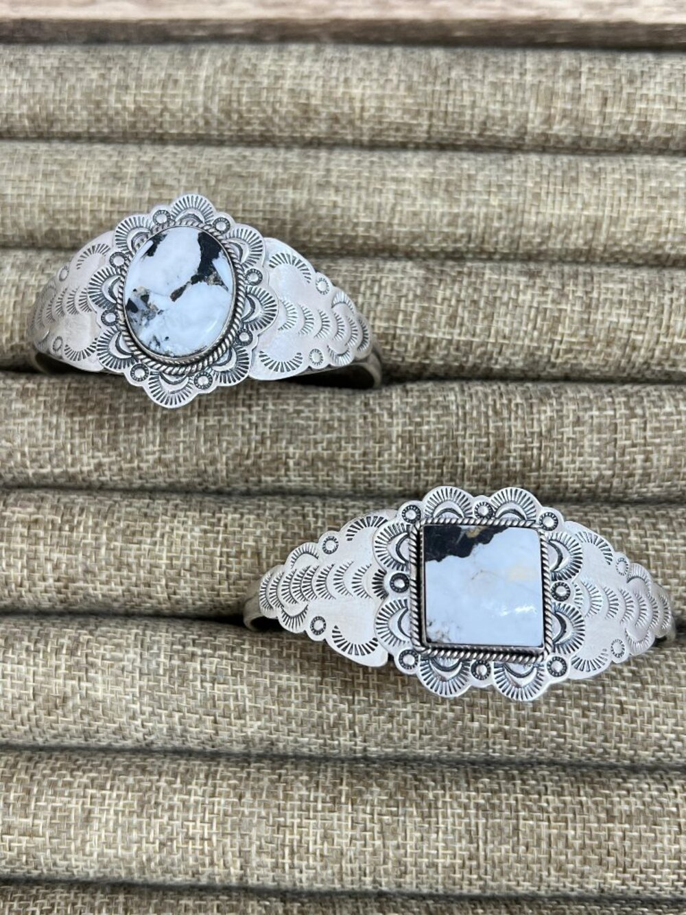 Handmade Sterling Silver White Buffalo Turquoise Cuff Bracelet with Signed Nizho